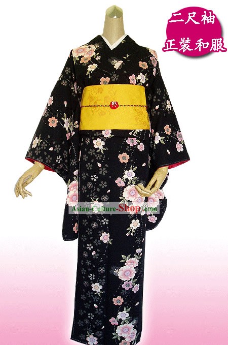 日本の伝統的なブラックフラワリー着物ハンドバッグと下駄フルセット
