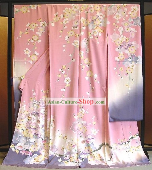 日本の伝統的なピンクフラワリー着物ハンドバッグと下駄フルセット
