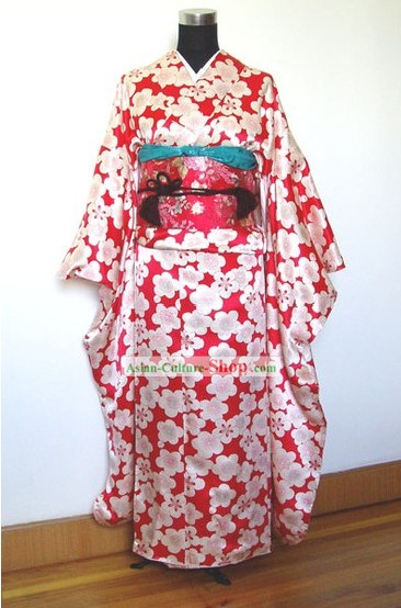 日本の伝統的な梅の花着物ハンドバッグと下駄フルセット