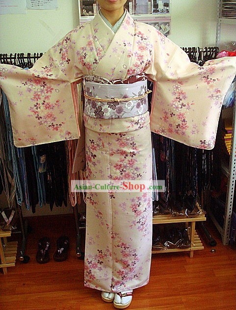 Traditional Japanese Oriental Cherry Kimono and Belt Full Set
