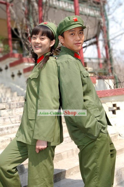 Chinese Red Army Solider Stage Performance Costumes and Hat Complete Set