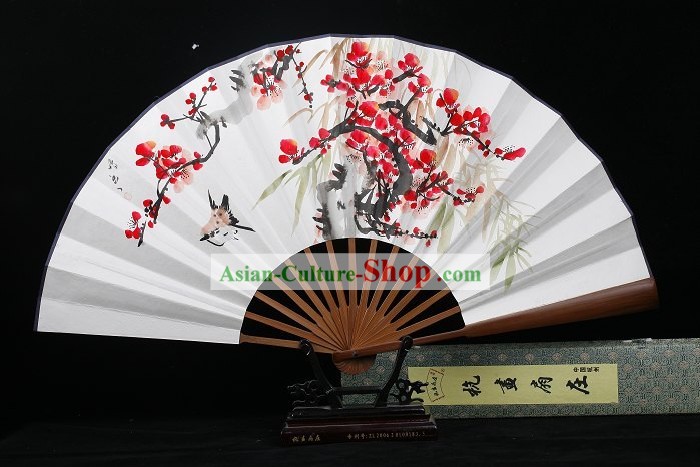Sparrow and Plum Blossom Hand Painted Folding Fan for Men