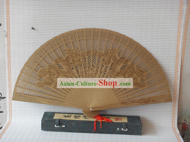 Supreme Chinese Traditional Sandalwood Fan - Double Dragons Playing Ball