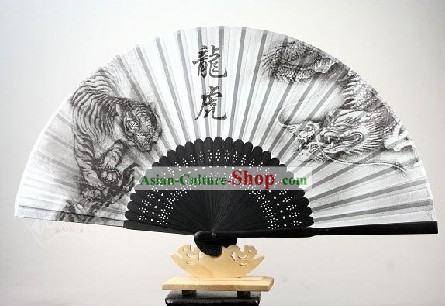 Tiger and Dragon Fighting Silk Fan for Women