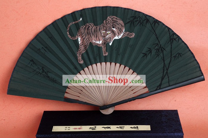 Black Bamboo Handle Silk Tiger Fan