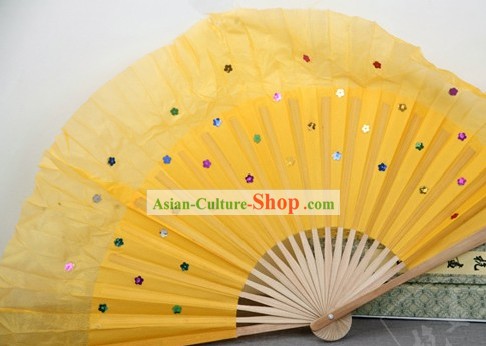 Chinese Bamboo Handle Pure Silk Yellow Dance Fans with Sequins
