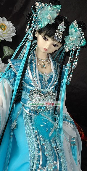 Chinese Ancient Blue Princess Costume and Hair Accessories Complete Set