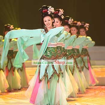 Chinese Classic Long Sleeve Ta Ge Green Dance Costumes Complete Set
