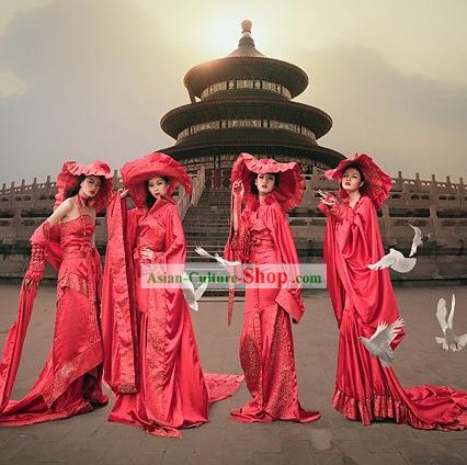Chinese Lucky Red Long Silk Costumes and Hat Complete Set