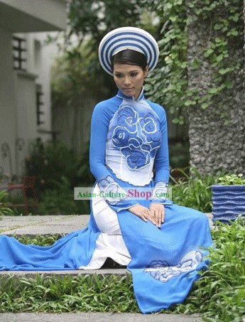 Vietnamita Nacional de Longo Costume Cheongsam e Set Hat