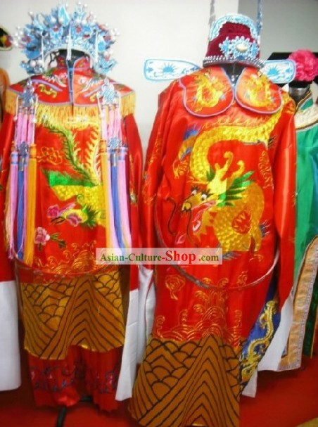 Chinese Traditional Braut und Bräutigam Hochzeit Kleid und Hut Complete 2 Sets