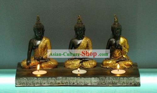 Large Southeast Asia Thai Arts Three Buddha Candlestick