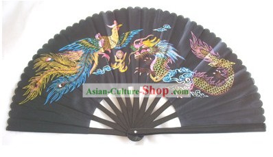 Chinese Traditional Black Phoenix and Dragon Kung Fu Dance Fan