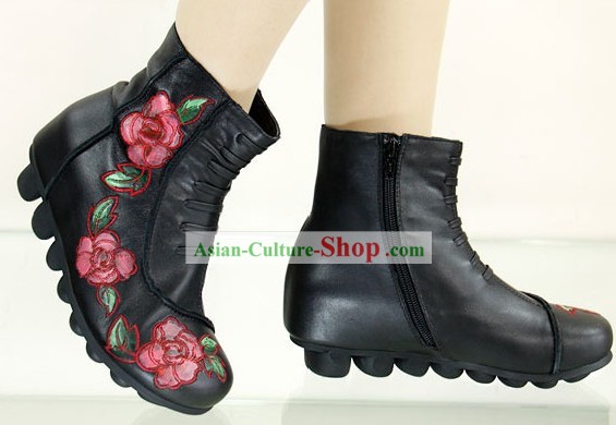Chinese Sheepskin Embroidered Peony Boots