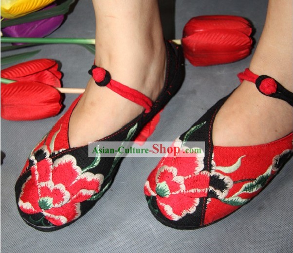 Chinese Classic Black Sapatos de dança bordado Peony