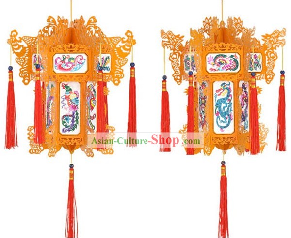Hand Made Chinese Traditional Paper Palace Lantern - Dragon and Phoenix (red)