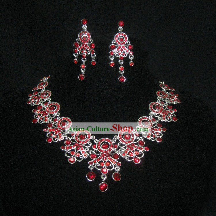 Red Necklace and Earrings Chinese Wedding Jewelry Set