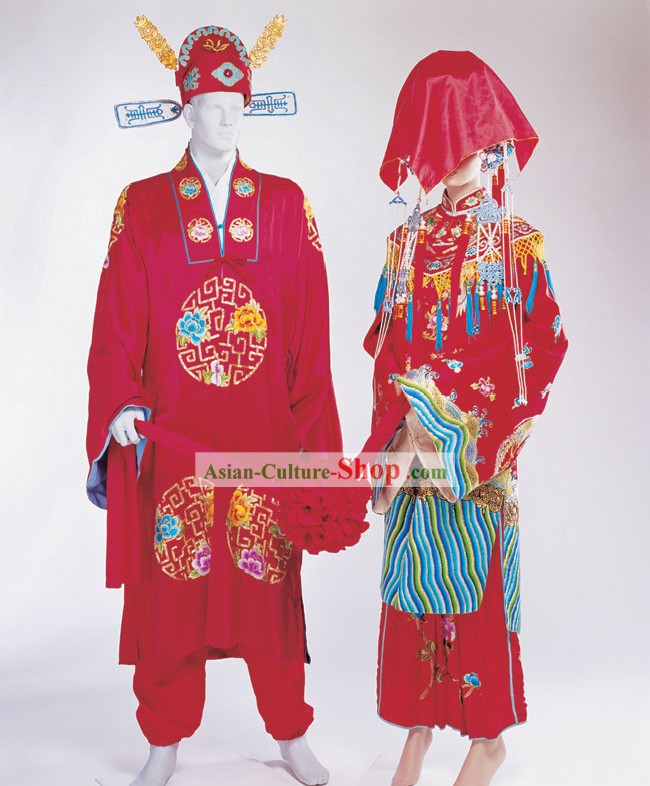 Chinesische antike Hochzeit Hüte und Kostüme 2 Sets