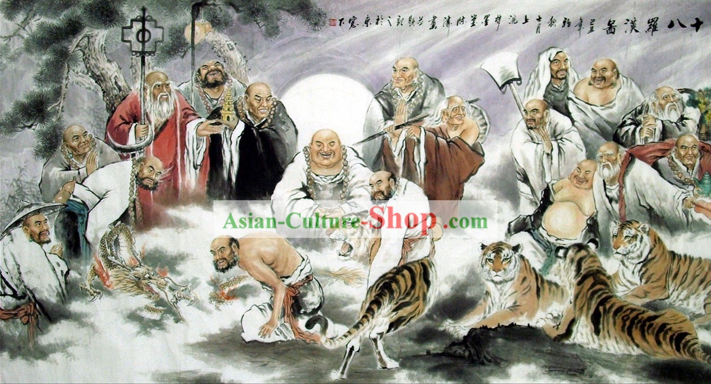 Traditional Chinese Painting - Buddist Arhat and Tigers