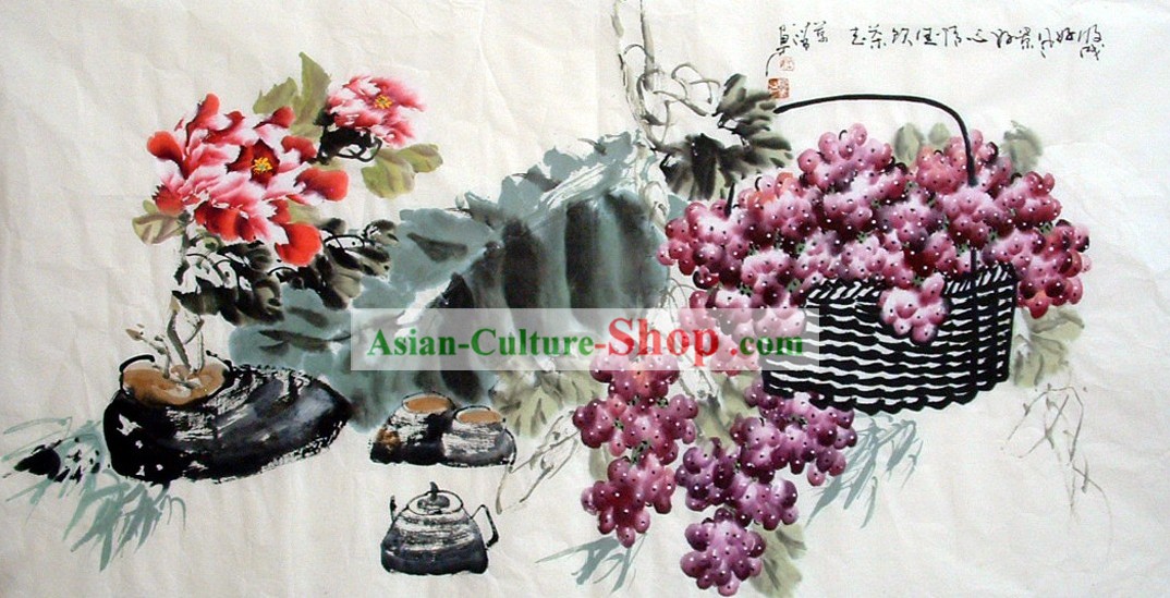 Traditional Chinese Painting - Grape Basket by Liang Wanqing