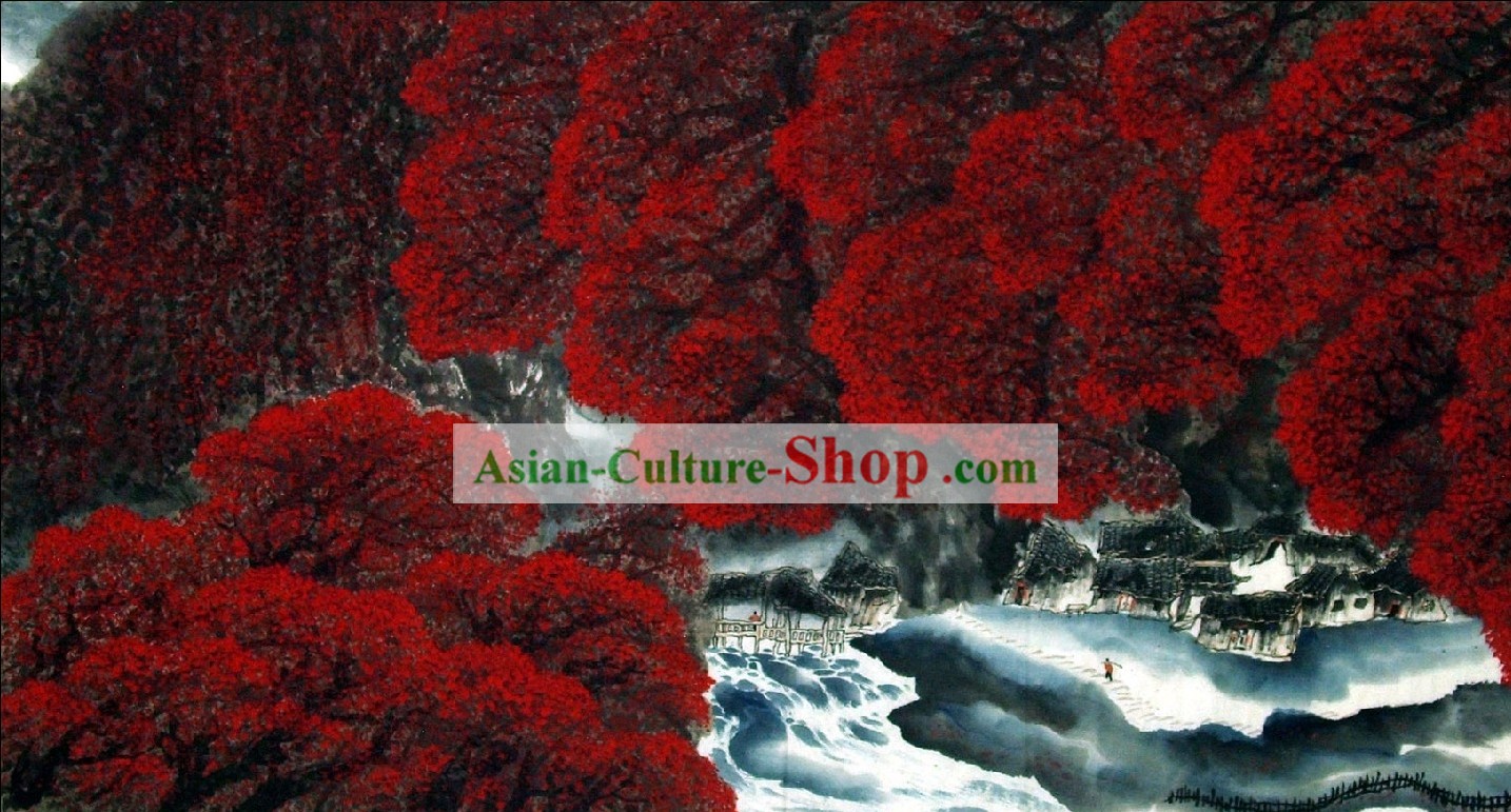 Traditional Chinese Scenery Painting - Red Autumn Forest by Wu Zhaohua