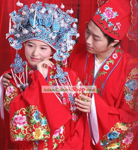 Supreme Ancient Chinese Wedding Dresses 2 Complete Sets for Bride and Bridegroom