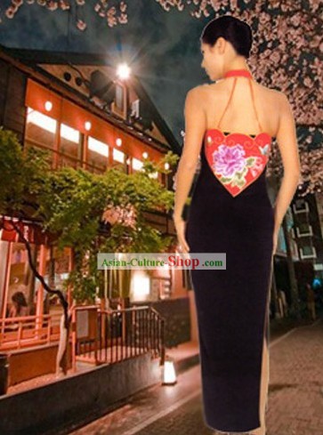 Traditional Hands Embroidered Peony Silk Backless Cheongsam and Evening Wear