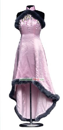 Silk Mandarim tradicional Handmade e bordado e Fox Fur Vestido total