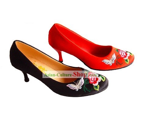 Borboleta chinês clássico artesanal e bordado Amor Flor sapatos de salto alto do casamento (vermelho)