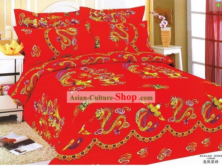 Chinesische Stunning Cotton Hochzeit Bed Sheet Set (vier Stück) - Drachen