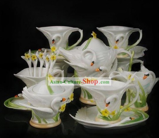 Chinese Classical Ceramic Swan Coffe Cups 21 Pieces Set