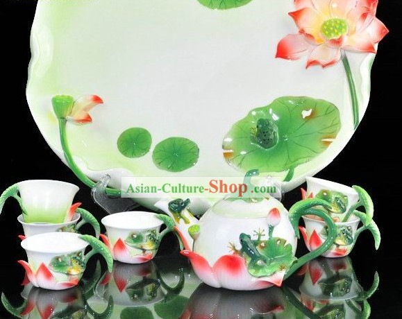 Chinese Classical Lotus and Frog Ceramic Tea Set
