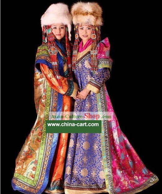 Chinese Traditional Handmade Mongolian Long Robe and Hat for Women