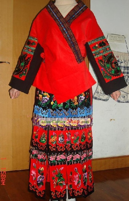 Chinese Miao Minority Embroidered Blouse and Skirt Set