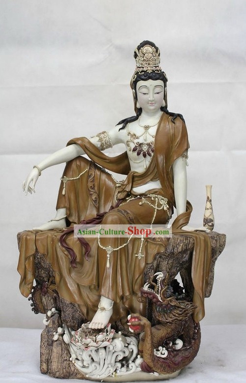 Chinese Dragon and Guan Yin Shiwan Ceramic Sculpture Figurine