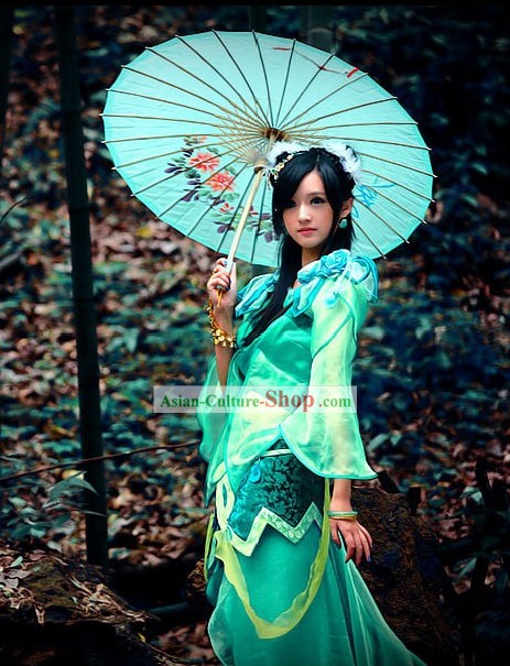 Ancient Chinese Green Fairy Costume and Hair Accessories