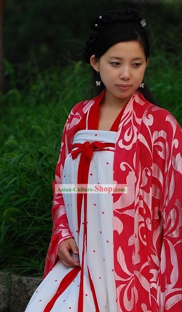 Traditional Chinese Red and White Tang Dynasty Dress for Women