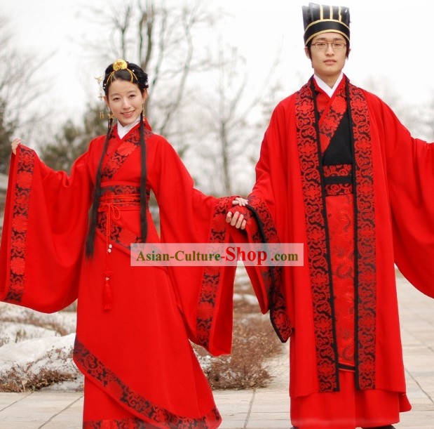 Traditional Chinese Red Wedding Dress 2 Sets for Men and Women