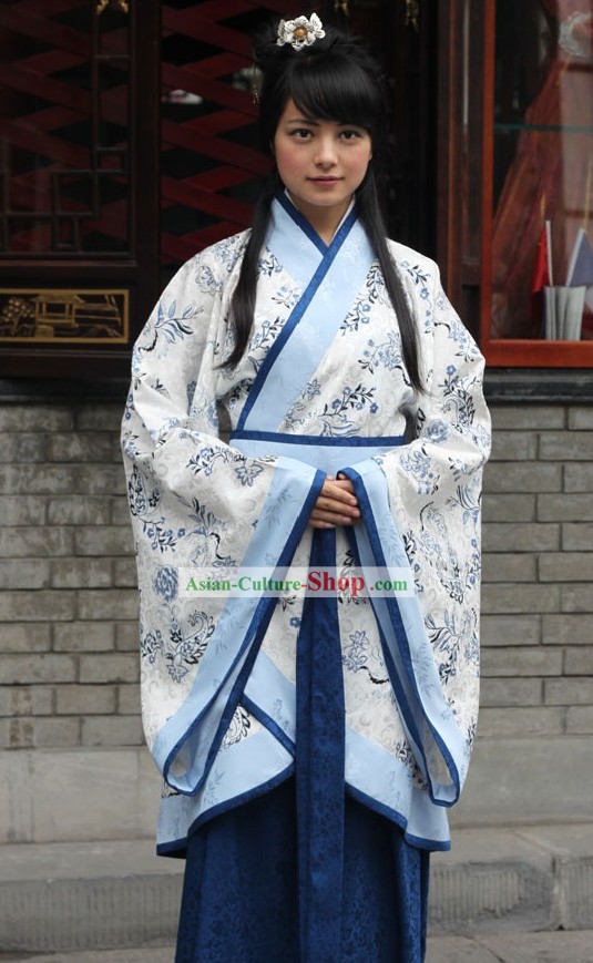 Ancient Chinese Blue Flower Princess Clothing Complete Set