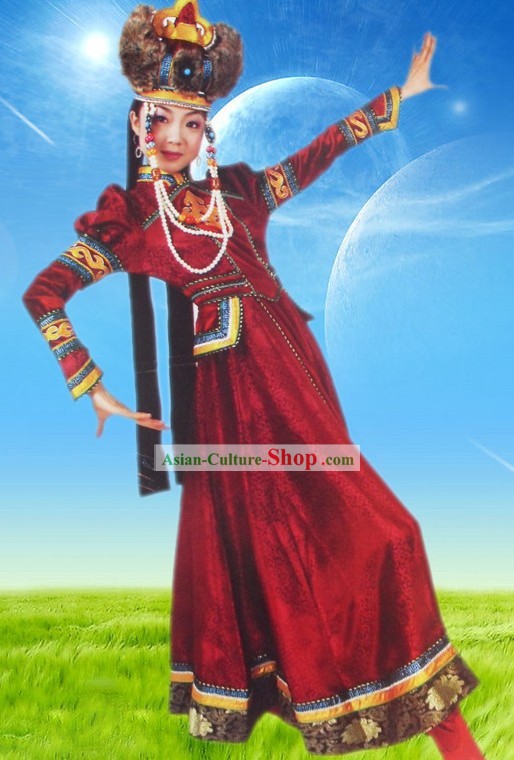 Traditional Mongolian Royal Robe and Hat Complete Set for Women