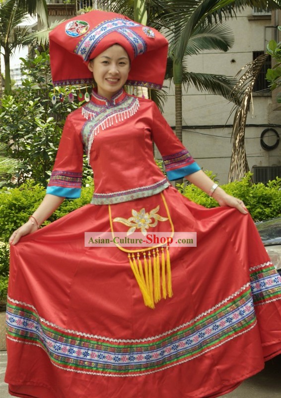 Traditional Chinese Zhuang Minority Clothing and Hat