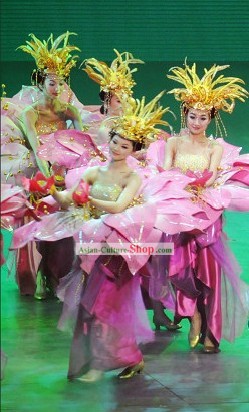 Chinese Color Transition Flower Opening Dance Costume and Hair Decoration Set