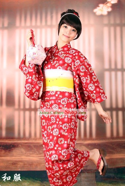 Japanese Dragonfly Yukata Kimono Obi Belt and Geta Sandal Six Pieces Complete Set for Women
