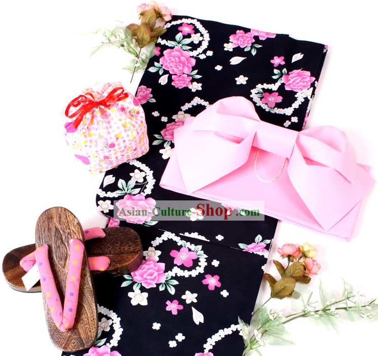 Japanese Yukata Kimono Obi Belt and Geta Sandal Six Pieces Complete Set for Women