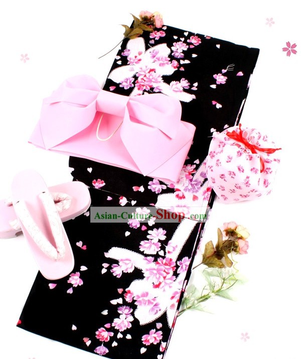 Japanese Classic Yukata Kimono Obi Belt and Geta Sandal Six Parts Complete Set for Women