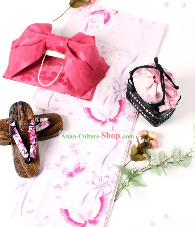 Japanese Classic Yukata Kimono Obi Belt Geta Sandal Complete Set for Women
