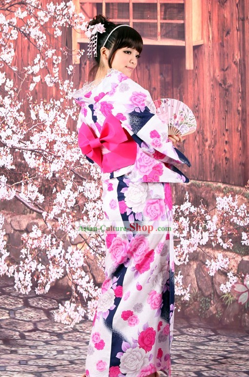 Traditional Japanese Yutaka Kimono Obi Belt Geta Sandal Complete Set for Women
