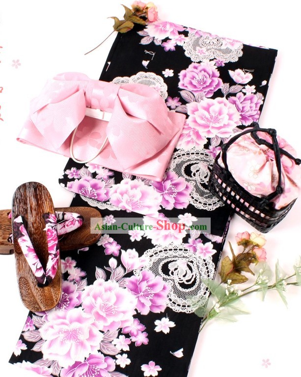 Japanese Yutaka Kimono Clothes Obi and Geta Sandal Complete Set for Women