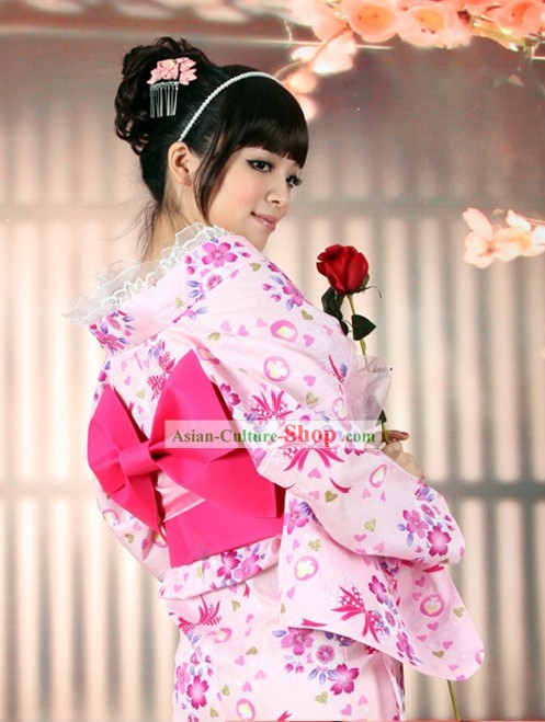 Japanese Romantic Pink Yutaka Kimono Obi and Geta Sandal Complete Set for Women