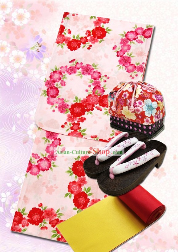 Japanese Yukata Kimono Dress and Geta Sandal Complete Set for Women